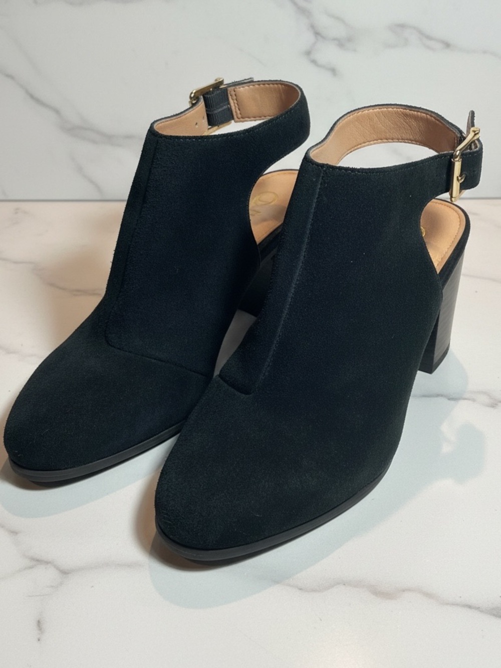 Vionic “Lacey” Black Suede Slingback Block Tortoiseshell Heel Mules Booties Sz 8